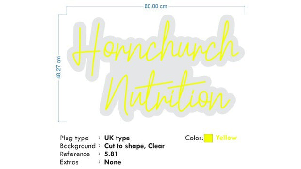 Custom Neon  -  Hornchurch Nutrition - Hesterica Font - Yellow - Size: 80cm x 48cm  - indoor Sign (2yrs Warranty)