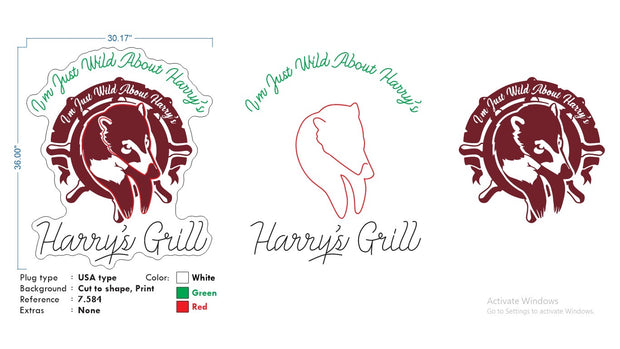 Custom neon |  Harry’s Grill logo - White, Green and Red neon - 36in x 30in -  incl Delivery, and 2yrs Warranty
