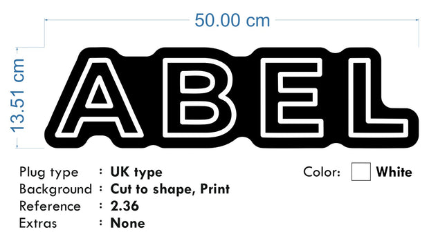 Custom Neon -  ABEL - Cool White, black acrylic - 50cm x 13cm - INDOOR - Remote dimmer and Delivery