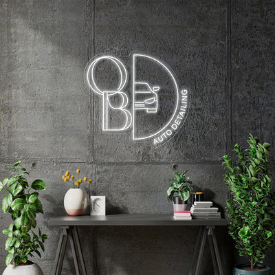 Custom Neon - OB Auto Detailing - 36inch x 32 inch -  White Neon - INDOOR  - Remote dimmer and Delivery (2 years Warranty)