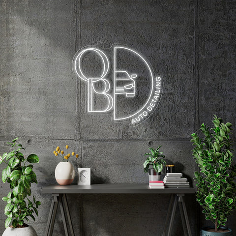 Custom Neon - OB Auto Detailing - 36inch x 32 inch -  White Neon - INDOOR  - Remote dimmer and Delivery (2 years Warranty)