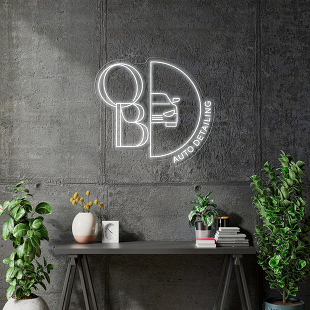 Custom Neon - OB Auto Detailing - 36inch x 32 inch -  White Neon - INDOOR  - Remote dimmer and Delivery (2 years Warranty)