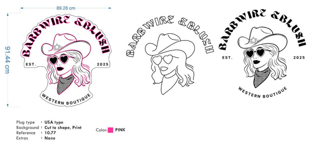Custom Neon -  BARBWIRE & BLUSH - Pink - Size: 36inch x 36inch  - indoor Sign (2yrs Warranty)
