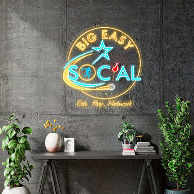 Custom Neon - BIG EASY SOCIAL - Size: 36inch x 37inch -  WHITE, Light blue. Red and Gold Neon - INDOOR  - Remote dimmer and Delivery (2 years Warranty)