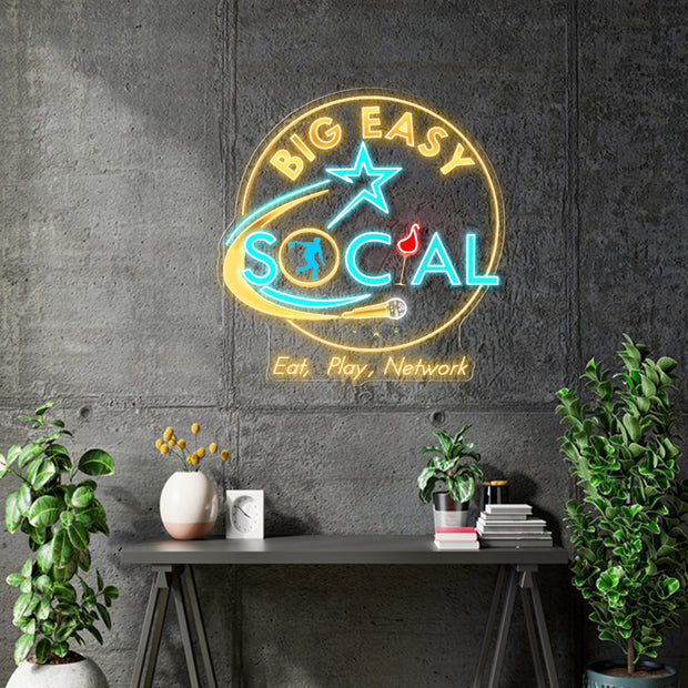 Custom Neon - BIG EASY SOCIAL - Size: 36inch x 37inch -  WHITE, Light blue. Red and Gold Neon - INDOOR  - Remote dimmer and Delivery (2 years Warranty)