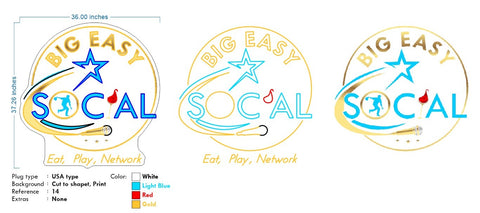 Custom Neon - BIG EASY SOCIAL - Size: 36inch x 37inch -  WHITE, Light blue. Red and Gold Neon - INDOOR  - Remote dimmer and Delivery (2 years Warranty)