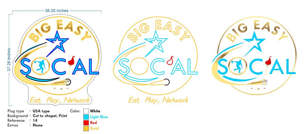 Custom Neon - BIG EASY SOCIAL - Size: 36inch x 37inch -  WHITE, Light blue. Red and Gold Neon - INDOOR  - Remote dimmer and Delivery (2 years Warranty)