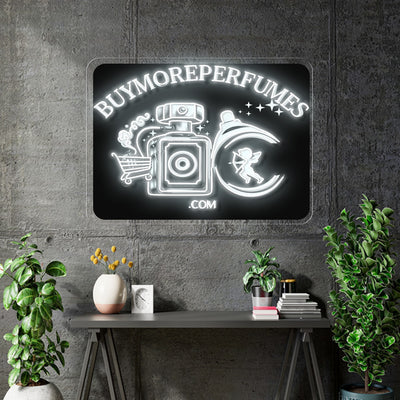 Custom Neon - BuyMorePerfumes-  45 x 33inch - White neon and White Print on Black Acrylic  -  Delivery and Remote