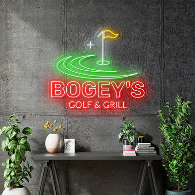 Custom Neon - Bogeys Bar and Grill - White, yellow  and Red - dimmer and delivery