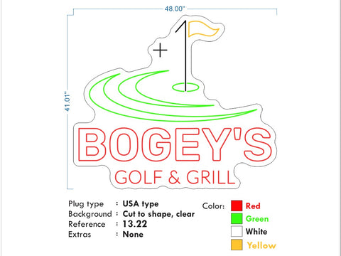 Custom Neon - Bogeys Bar and Grill - White, yellow  and Red - dimmer and delivery