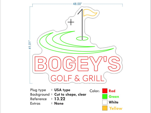 Custom Neon - Bogeys Bar and Grill - White, yellow  and Red - dimmer and delivery