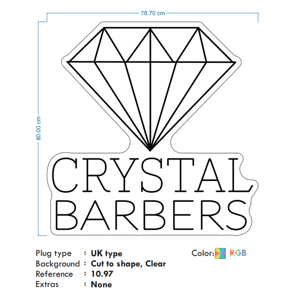Custom Neon -  CRYSTAL BARBERS  - RGB Multicolour - 80cm x 78cm - INDOOR  - Remote dimmer and Delivery (2yrs Warranty)