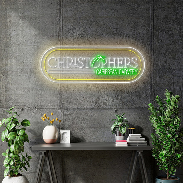 Custom neon - Christopher Caribbean Carvery 2 x UNITS -  100cm x 35cm - White, Yellow and Green neon  -  incl Shipping and 2yrs Warranty