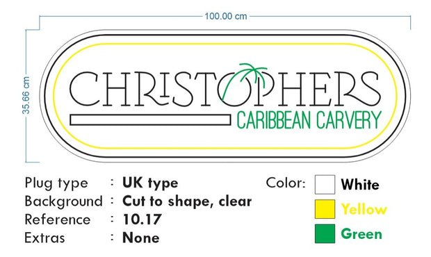 Custom neon - Christopher Caribbean Carvery 2 x UNITS -  100cm x 35cm - White, Yellow and Green neon  -  incl Shipping and 2yrs Warranty