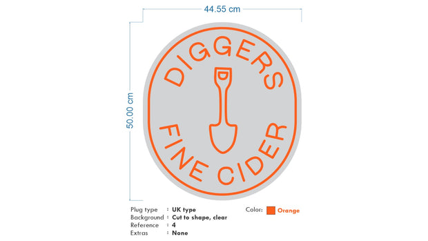 Custom Neon - DIGGER FINE CIDER  - Orange - 50 x 44cm  - INDOOR  - Remote dimmer and Delivery