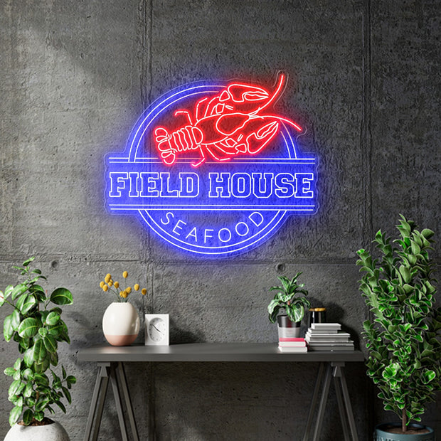 Custom Neon -  Field House Seafood - Outdoor neon sign -  4ft sign - Circle sign - Blue and Red -  Delivery and Remote