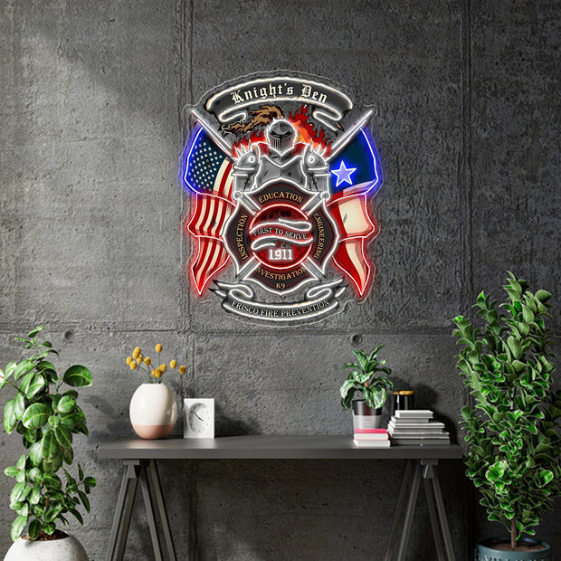 Custom Neon -  Fiasco Fire Prevention - 48inch x 38inch -  White, Red and Blue Neon - INDOOR  - Remote dimmer and Delivery (2 years Warranty)
