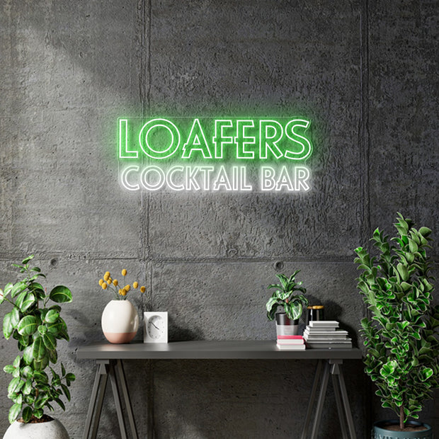 Custom Neon - LOAFERS COCKTAIL BAR  - Green and White  - 35inch x 13inch - indoor Signs