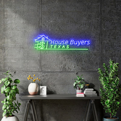 Custom Neon -  House Buyers Texas - Blue and Green - Size: 36inch x 10inch  - indoor Sign (2yrs Warranty)