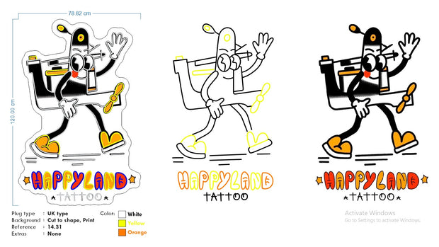 Custom Neons - Happyland Tattoo - 120cm x 78cm - White, Yellow, Orange - indoor Sign (2yrs Warranty)