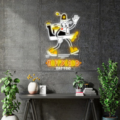 Custom Neons - Happyland Tattoo - 120cm x 78cm - White, Yellow, Orange - indoor Sign (2yrs Warranty)
