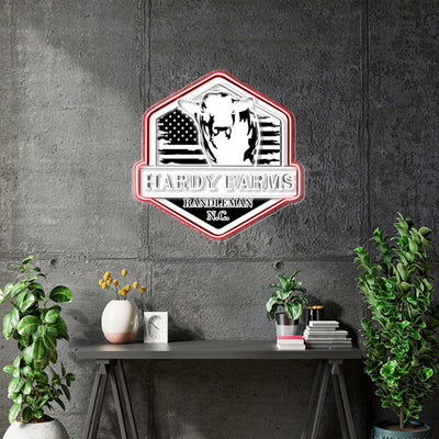Custom Neon  - Hardy Farms Neon Sign -  White and  Red - Size: 30 x 30 inch - indoor Sign (2yrs Warranty)