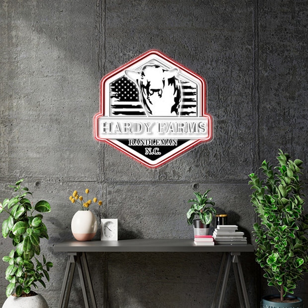 Custom Neon  - Hardy Farms Neon Sign -  White and  Red - Size: 30 x 30 inch - indoor Sign (2yrs Warranty)