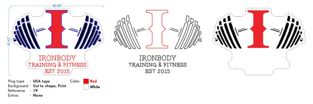 Custom neon | Iron Body Logo sign -  60inch by 43inch -  White & Red-  incl Delivery, and 2yrs Warranty
