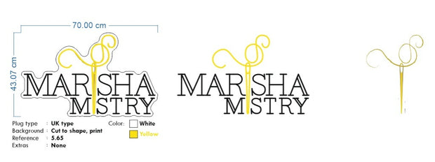 Custom Neon Logo Marisha - Marisha Mistry - white and gold yellow - outdoor with freestand - Clear backing - Dimmer and controla