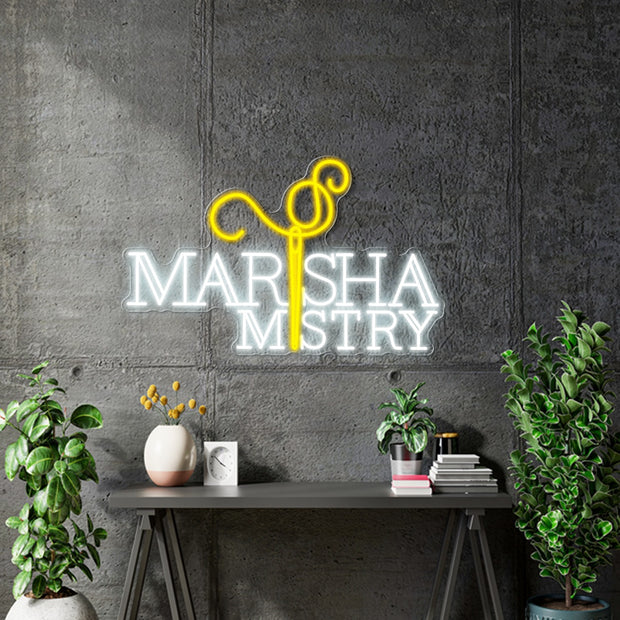 Custom Neon Logo Marisha - Marisha Mistry - white and gold yellow - outdoor with freestand - Clear backing - Dimmer and controla