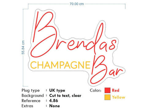 Custom Neon - Brendas Champagne Bar  - Red and yellow - 70cm x 55cm - INDOOR  - Remote dimmer and Delivery