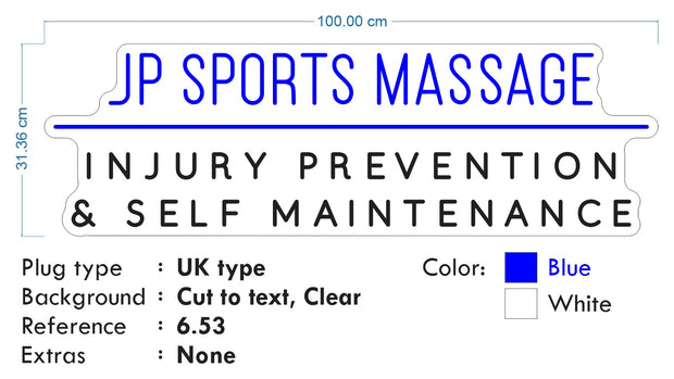 Custom Neon Logo for James - JP SPORT MASSAGE  - 100x31cm - Dep Blue and White  - Clear backing - Dimmer and control