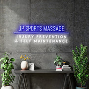 Custom Neon Logo for James - JP SPORT MASSAGE  - 100x31cm - Dep Blue and White  - Clear backing - Dimmer and control