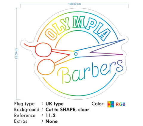 Custom Neon -  Olympia Barbers  - RGB Multicolour - 100cm x 85cm - INDOOR  - Remote dimmer and Delivery (2yrs Warranty)