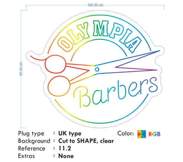 Custom Neon -  Olympia Barbers  - RGB Multicolour - 100cm x 85cm - INDOOR  - Remote dimmer and Delivery (2yrs Warranty)