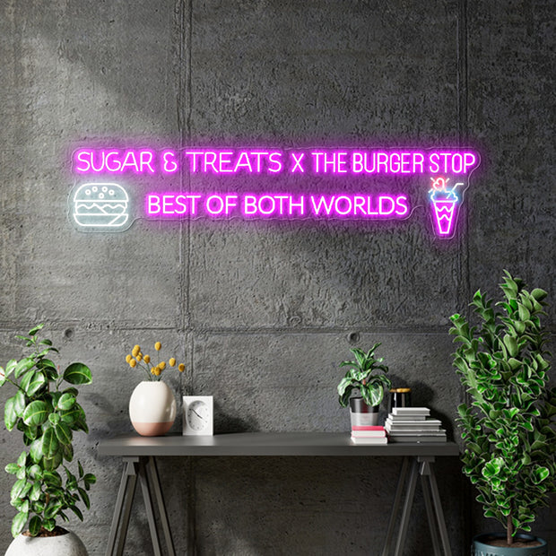 Custom Neon Logo -Sweet Treats X The Burger Stop - 150x33cm- purple and white | Outdoor + extra acrylic sheet  - Clear backing - Dimmer and control
