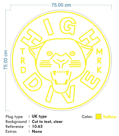 Custom Neon - High Dive -  75cm - Black Backing and Yellow Neon - Free Delivery and Remote+ Battery