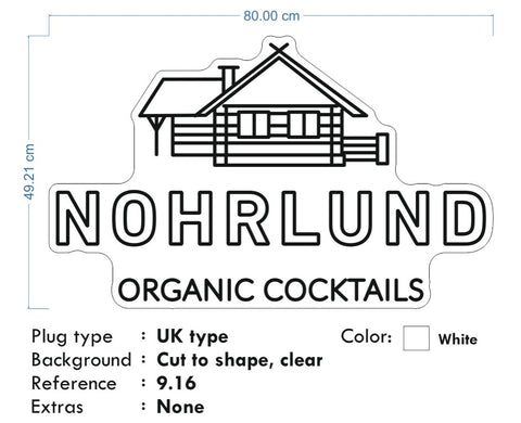 Custom Neon - Nohrlund Organic Cocktails - 80x49cm - White LED Neon - Free Delivery and Remote+ Battery