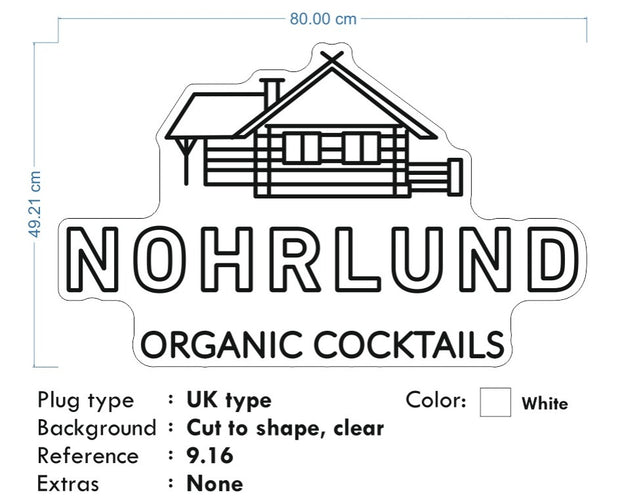 Custom Neon - Nohrlund Organic Cocktails - 80x49cm - White LED Neon - Free Delivery and Remote+ Battery