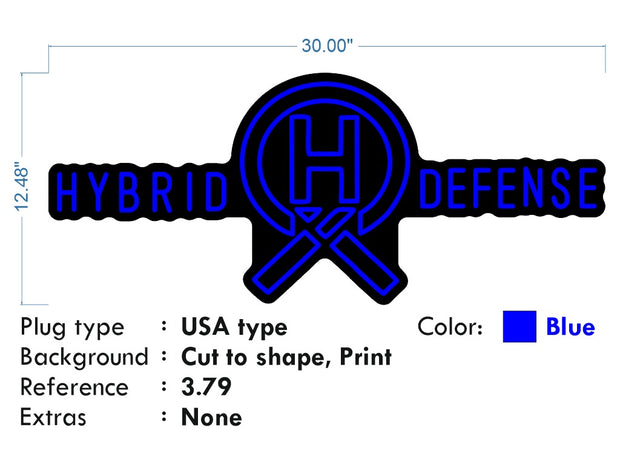 Custom Neon for Nicole - Hybrid Defense logo - Blue - 30 x12 inch - dimmer and delivery