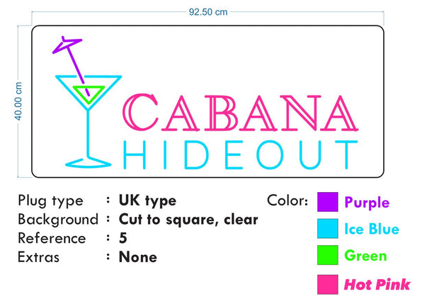 Custom Neon - Cabana Hideout -92.5 x 40cm - hot pink , light blue andgreen - indoor - Remote dimmer and Delivery