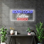 Custom Neon - South Coast Tattoo Studio  - 100x50cm - Red Blue and White - indoor - Remote dimmer and Delivery