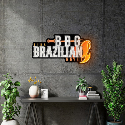 Custom Neon  - Bira Brazilian Grill -  White and Orange - Size: 90cm x 45cm  - indoor Sign (2yrs Warranty)