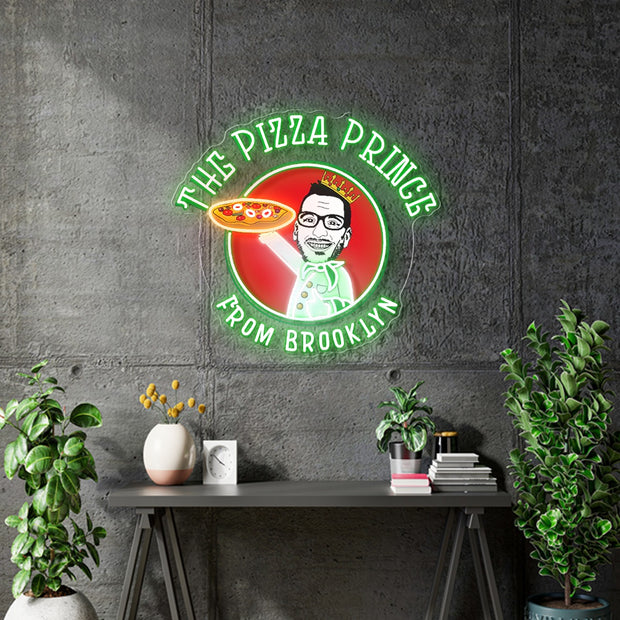 Custom Neon - The Pizza Prince logo  - Green Golden White and Red - 24x22inch - indoor Signs