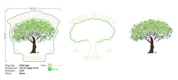 Custom Neon - Irish Woods Pub and Grill - Warm white and Green - 36x35 inch - dimmer and delivery