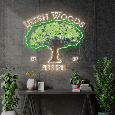 Custom Neon - Irish Woods Pub and Grill - Warm white and Green - 36x35 inch - dimmer and delivery