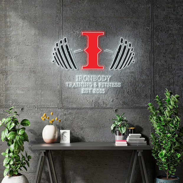 Custom neon | Iron Body Logo sign -  60inch by 43inch -  White & Red-  incl Delivery, and 2yrs Warranty