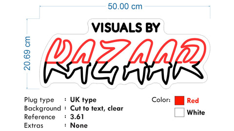 Custom Neon - Visuals By Kazaar Logo - Red and White - 50cm x 20cm -  Delivery and Remote