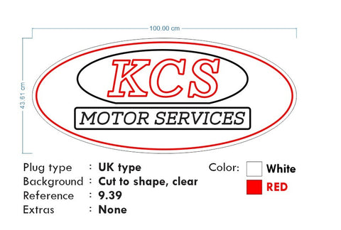 Custom neon -    KCS Motor Services  - Size: 100cm x 43cm  - Red and White -  incl Shipping and 2yrs Warranty