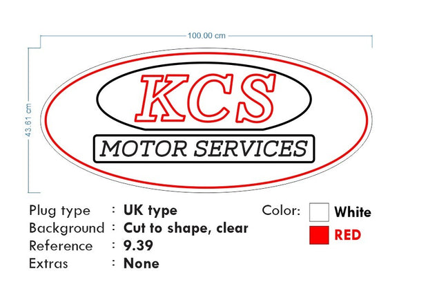 Custom neon -    KCS Motor Services  - Size: 100cm x 43cm  - Red and White -  incl Shipping and 2yrs Warranty